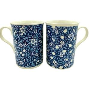 Crown Trent England Fine Bone China Mugs Set of 2 Blue Floral Fruit Pattern NICE
